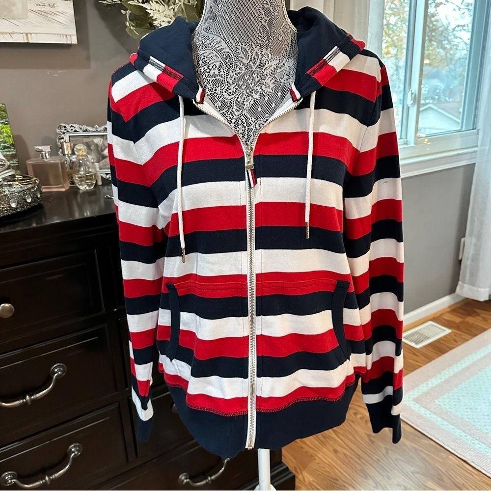 Tommy Hilfiger Red White Blue Stripe Zip Hoodie Classic Preppy Size Medium - Picture 2 of 16